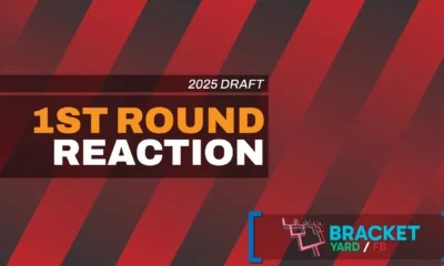 2025 NFL Draft reaction 1st Round - red and gray striped background