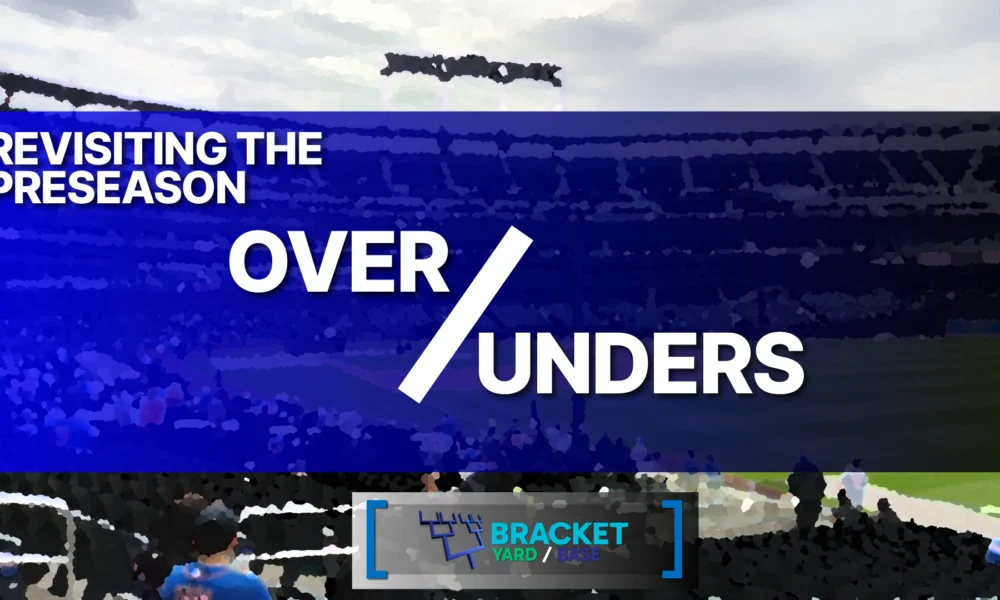 2025 MLB Preseason Over Unders - blue background with a baseball stadium in the background