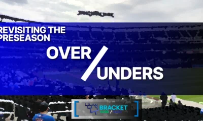 2025 MLB Preseason Over Unders - blue background with a baseball stadium in the background