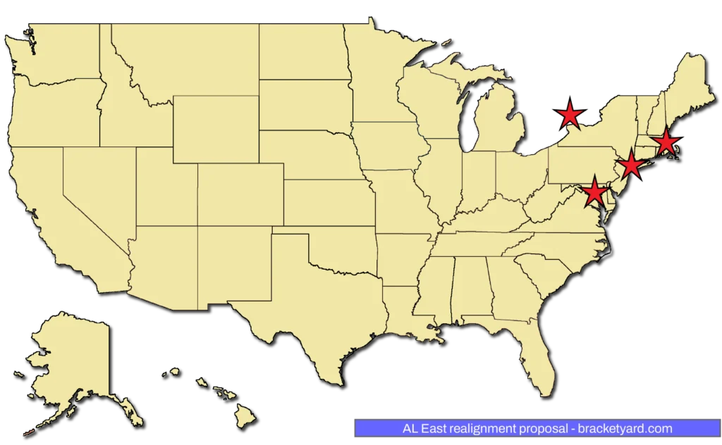 MLB realignment proposal - AL East - Baltimore, Boston, New York (A), Toronto on a yellow map with red stars