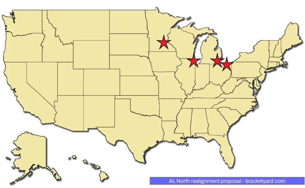 MLB realignment proposal - AL North - Minnesota, Chicago (A), Detroit, Cleveland on a yellow map with red stars