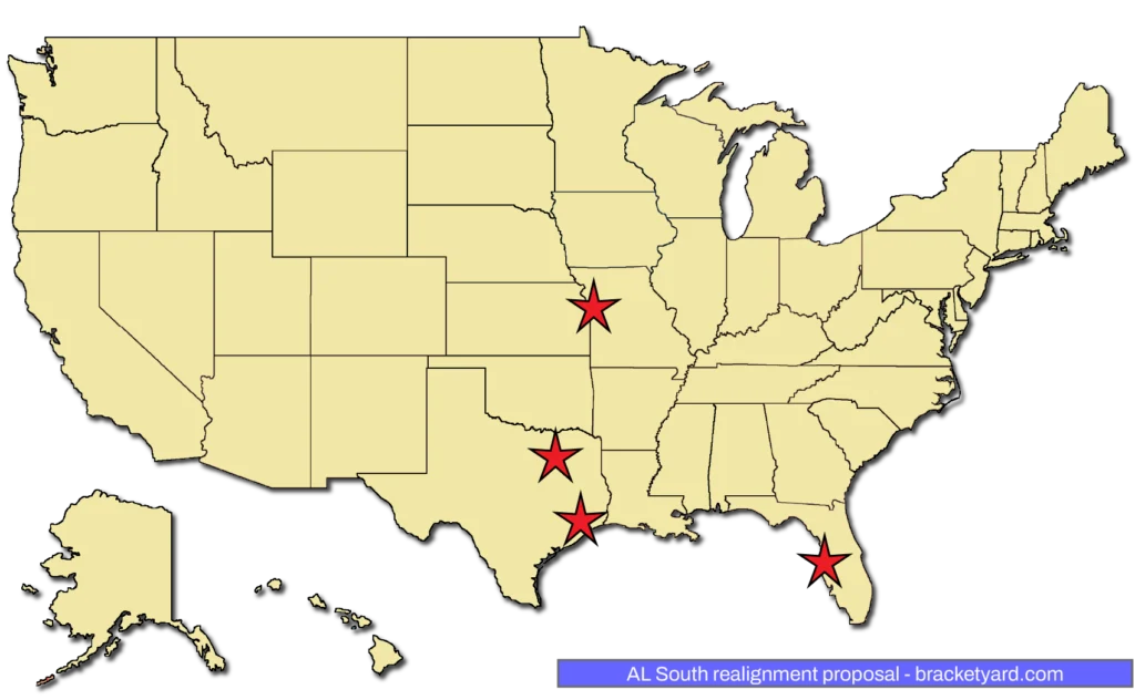 MLB realignment proposal - AL South - Kansas City, Houston, Texas, Tampa Bay on a yellow map with red stars