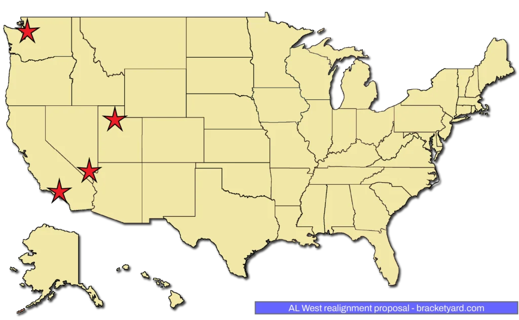 MLB realignment proposal - AL West - Salt Lake City/Utah, Las Vegas, Los Angeles (A), Seattle on a yellow map with red stars