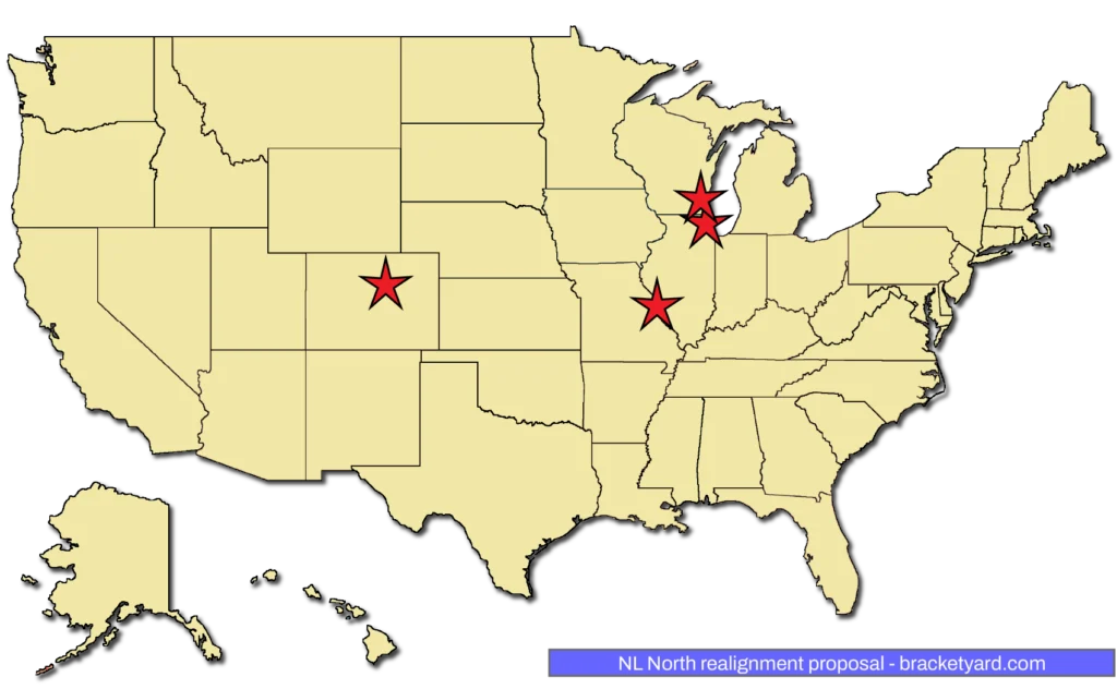 MLB realignment proposal - NL North - Milwaukee, Colorado, St. Louis, Chicago (N) on a yellow map with red stars