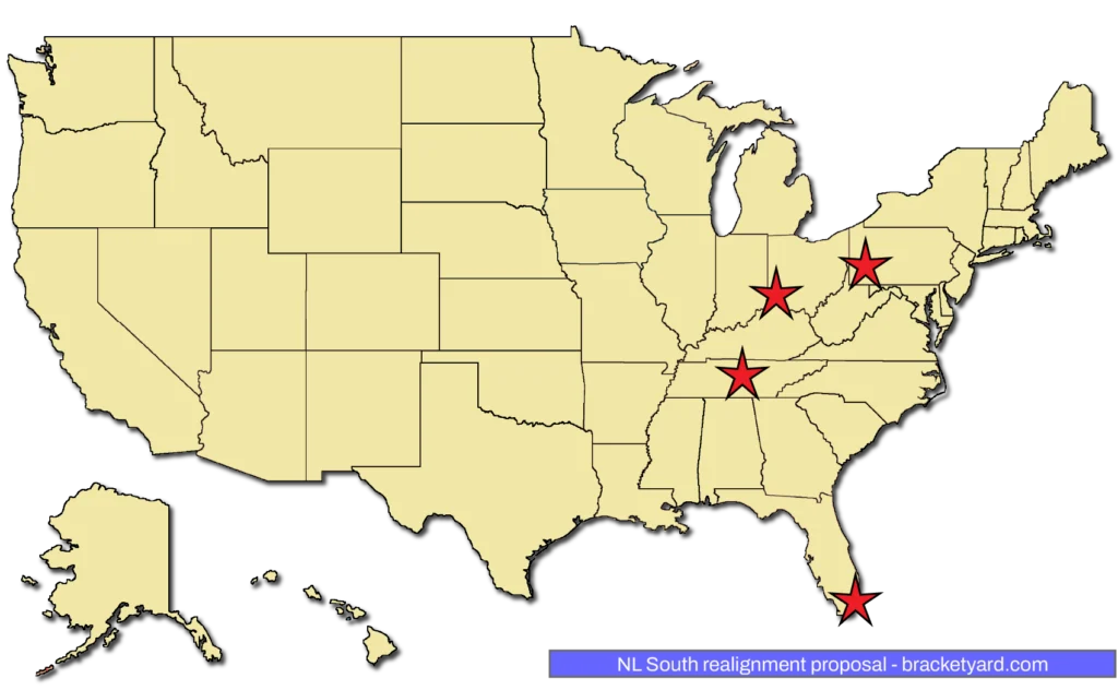 MLB realignment proposal - NL South - Nashville, Cincinnati, Pittsburgh, Miami on a yellow map with red stars
