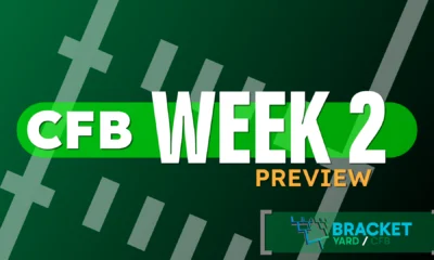 2025 CFB Week 2 Preview - football field artwork, green surface with white hashmarks - CFB Week 1 Preview against a light green background with the Bracket Yard logo