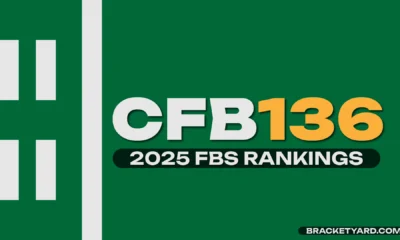 CFB 136 - 2025 College Football Rankings FBS - green background with lines and hashmarks resembling a football field