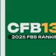CFB 136 - 2025 College Football Rankings FBS - green background with lines and hashmarks resembling a football field
