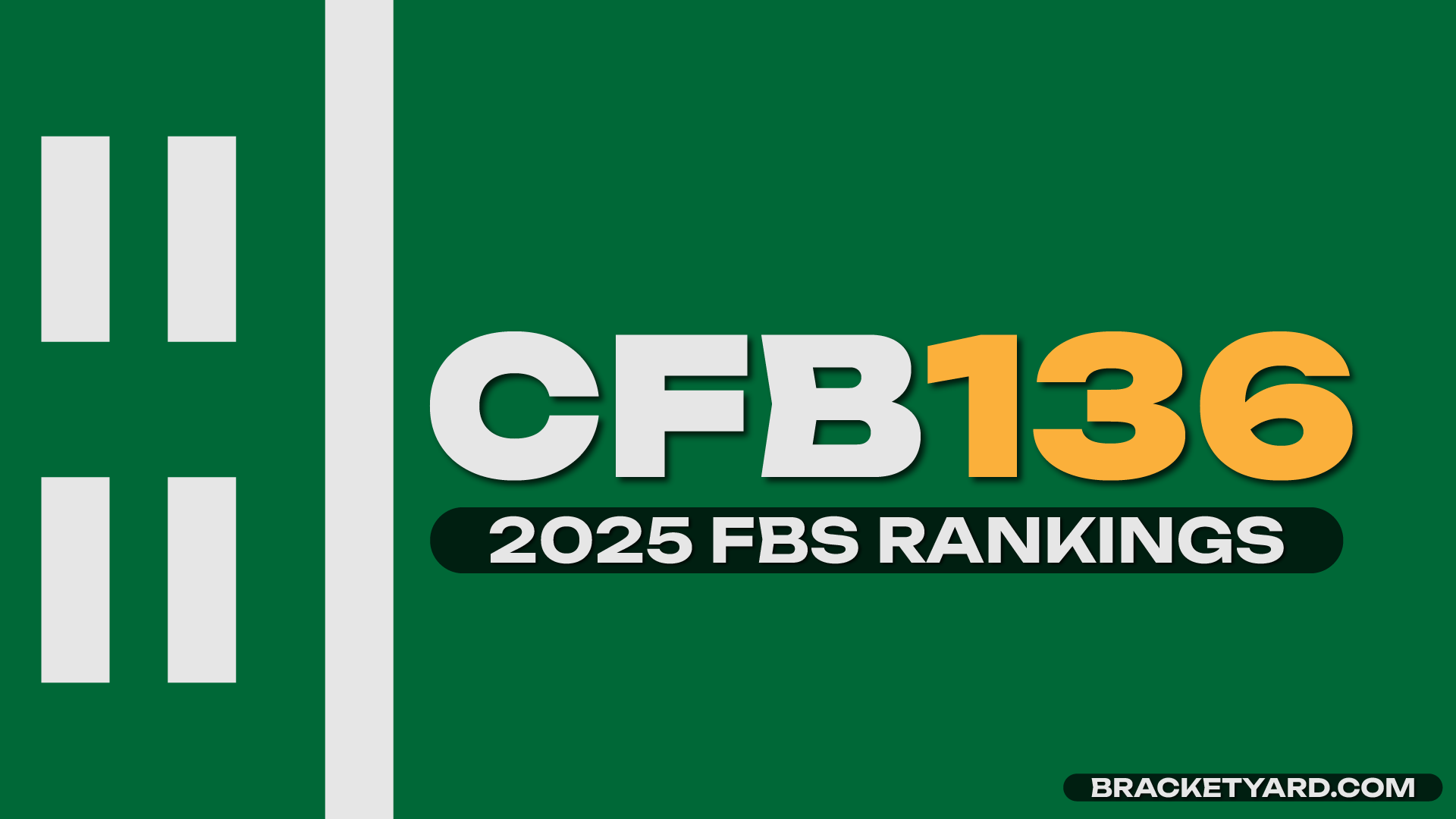 CFB 136 - 2025 College Football Rankings FBS - green background with lines and hashmarks resembling a football field