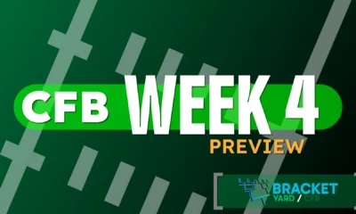 2025 CFB Week 4 Preview - football field artwork, green surface with white hashmarks - CFB Week 1 Preview against a light green background with the Bracket Yard logo