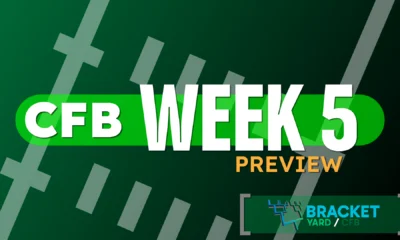 2025 CFB Week 5 Preview - football field artwork, green surface with white hashmarks - CFB Week 1 Preview against a light green background with the Bracket Yard logo