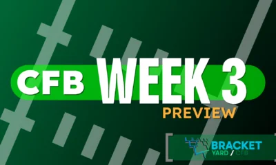 2025 CFB Week 3 Preview - football field artwork, green surface with white hashmarks - CFB Week 1 Preview against a light green background with the Bracket Yard logo