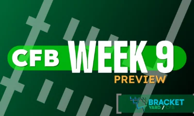 CFB Preview header Week 9 - football field artwork, green surface with white hashmarks - 2025 college football season