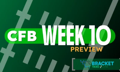 CFB Preview header Week 10 - football field artwork, green surface with white hashmarks - 2025 college football season