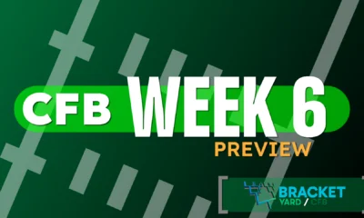 2025 CFB Week 6 Preview - football field artwork, green surface with white hashmarks - CFB Week 1 Preview against a light green background with the Bracket Yard logo