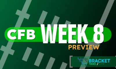 CFB Preview header Week 8 - football field artwork, green surface with white hashmarks - CFB Week 1 Preview against a light green background with the Bracket Yard logo