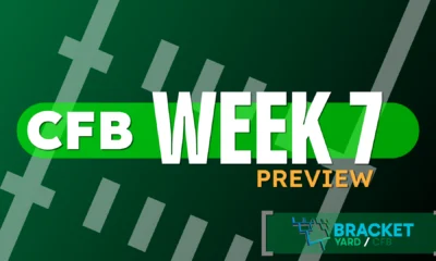 2025 CFB Week 7 Preview - football field artwork, green surface with white hashmarks - CFB Week 1 Preview against a light green background with the Bracket Yard logo