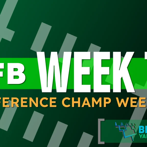 CFB Preview header - CFB Preview Week 15 - football field artwork, green surface with white hashmarks - 2025 college football season